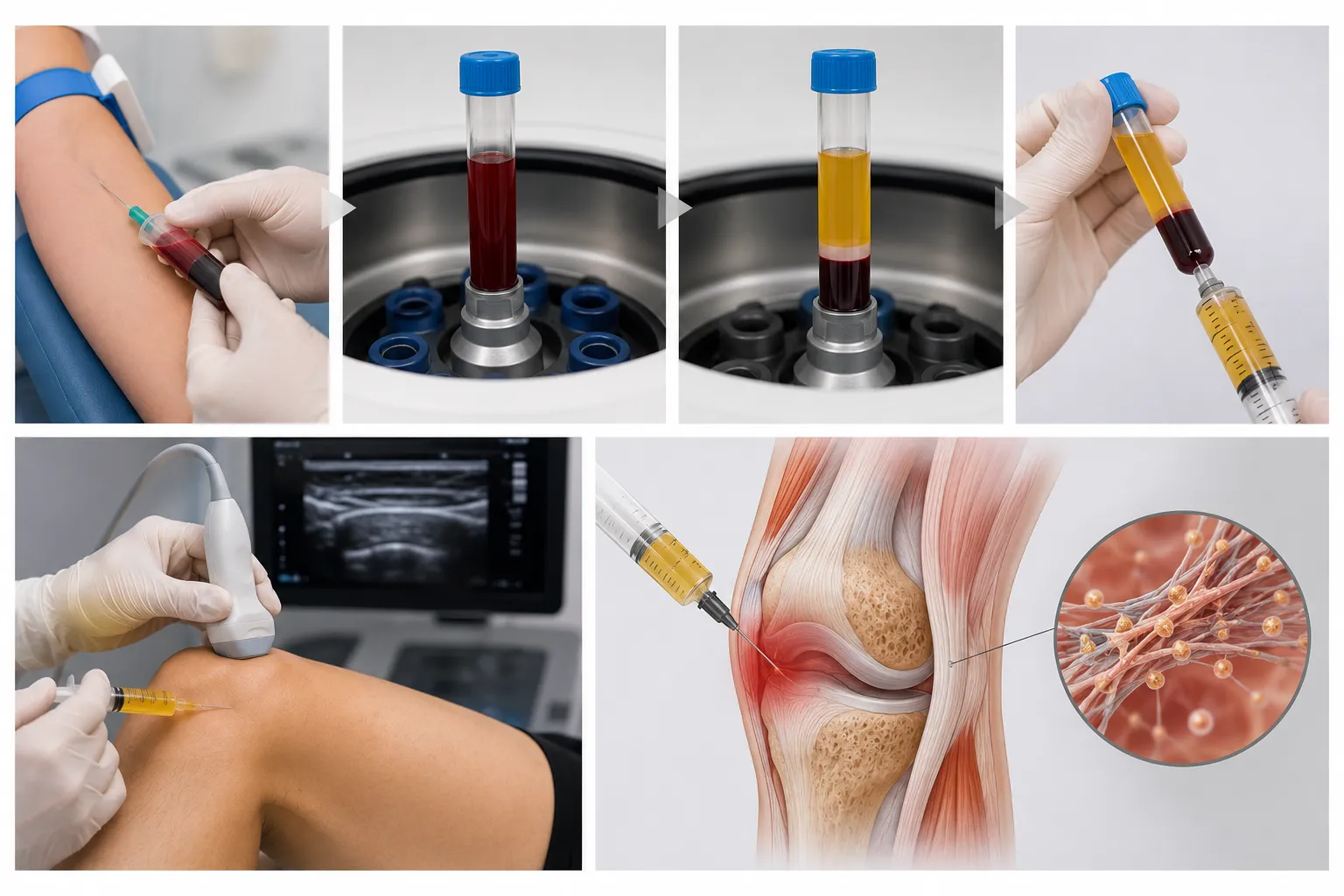 Verloop van een PRP-behandeling: bloedafname, centrifugatie, opzuigen van het bloedplaatjesrijke plasma en echo-geleide inspuiting